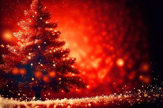 Christmas background with xmas tree and sparkle bokeh lights on red canvas background. Merry christmas card. Winter holiday theme. Happy New Year. Space for text