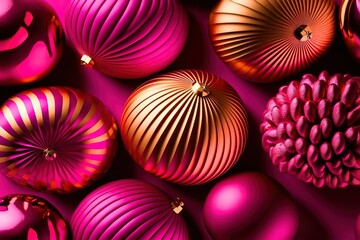 Christmas decoration balls different shapes in viva magenta trendy colors. Top view. Xmas pattern. Happy New Year. Trendy color of the Year