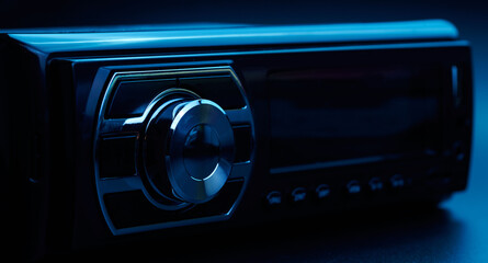 Black car radio tape recorder close-up on black background, audio system, control panel