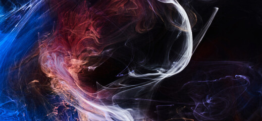 Blue red ink abstract background. Acrylic paint backdrop for perfume, hookah, cosmetics. Mysterious smoke clouds, colorful fog