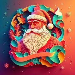 Colorful santa claus papercut, Christmas background with a ribbon