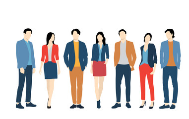 Obraz premium Set of young men and women, different colors, cartoon character, group of silhouettes of standing business people, students, the design concept of flat icon, isolated on white background