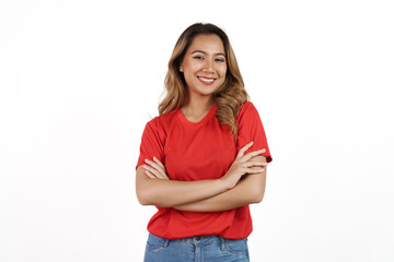 Studio shot of pretty Asian woman with red t-shirt isolated on white background. Looking camera