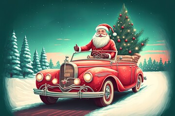 Merry christmas and Happy New Year. Santa Claus in red retro convertible car carries Christmas tree. Xmas 3d design, vintage banner, modern poster, holiday flyer, brochure. Winter vector illustration