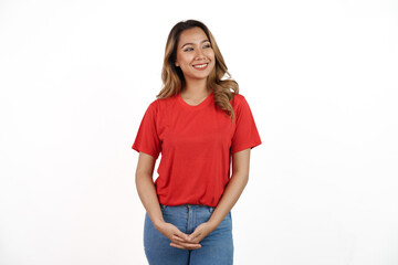 Studio shot of pretty Asian woman with red t-shirt isolated on white background. Looking blank area