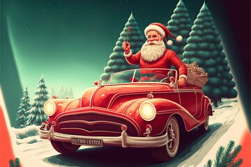 Merry christmas and Happy New Year. Santa Claus in red retro convertible car carries Christmas tree. Xmas 3d design, vintage banner, modern poster, holiday flyer, brochure. Winter vector illustration