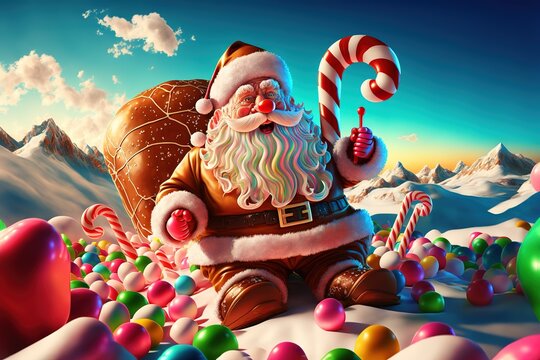 photo of Santa Claus, at the landscape of candy land, Sweet candy land. Cartoon game background. 3d vector illustration