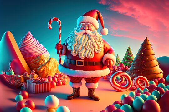 photo of Santa Claus, at the landscape of candy land, Sweet candy land. Cartoon game background. 3d vector illustration