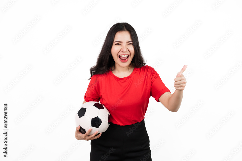 Wall mural Female sports fan isolated, confident asian soccer fans wearing red t-shirt isolated on white background. holding football - Wall murals