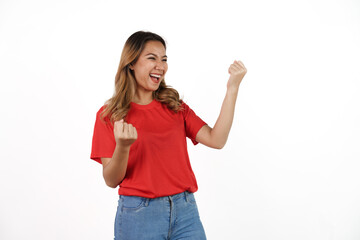 Studio shot of female asian soccer fans with red t-shirt isolated on white background. Sports fan...