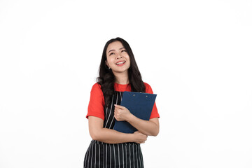 Holding clipboard, Food shop owner concept, Smiling young confident asian woman in black apron and red t-shirt isolated on white background.