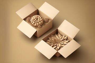 Realistic beige gifts boxes. Open gift box full of decorative festive object. New Year and Christmas design.