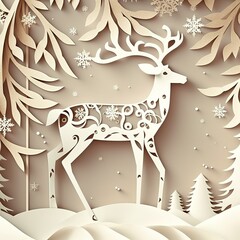 Reindeer papercut Christmas background with a ribbon