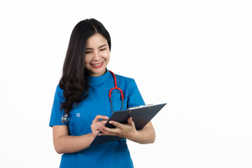 Holding clipboard, Medical nurse character woman hospital worker, Young confident Asian woman nurse hospital worker in blue clothing isolated on white background.