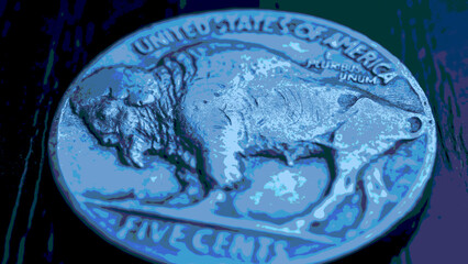 US nickel. Coin 5 cents close-up. Blue tinted pasteurization illustration with American bison. Buffalo nickel. News about USA economy and money. FED rate and bank interest. Five-cent coin. Macro