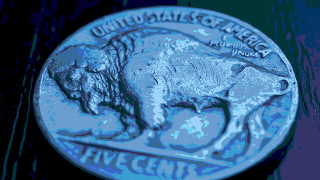 US nickel. Coin 5 cents close-up. Blue tinted pasteurization illustration with American bison. Buffalo nickel. News about USA economy and money. FED rate and bank interest. Five-cent coin. Macro