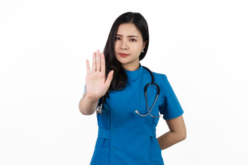 Not good, bad, don't, Medical nurse character woman hospital worker, Young confident Asian woman nurse hospital worker in blue clothing isolated on white background.