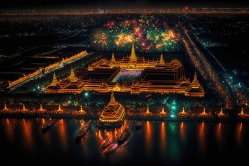 Top view of  River with The Grand Palace, New Year fireworks. - obrazy, fototapety, plakaty