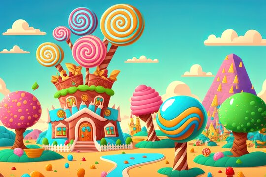 Sweet candy land. Cartoon game background. 3d vector illustration.