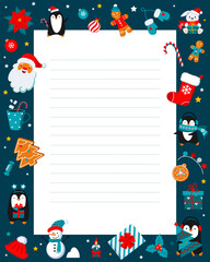 Letter template, card with Christmas characters. Christmas wish list. Dear Santa printable template for kids. Vector illustration