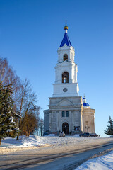 The old bell tower of the Resurrection Cathedral in close-up. Kashin, Tver region, Russia