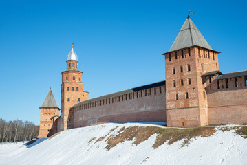 March morning at the walls with towers of the Kremlin of Veliky Novgorod. Russia