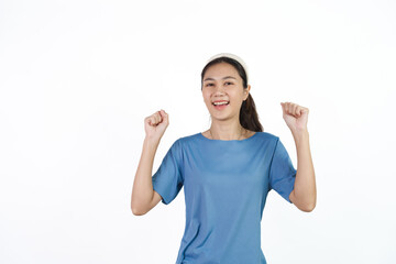 Obraz na płótnie Canvas Beautiful Asian woman in blue t-shirt isolated on white background. Dancing
