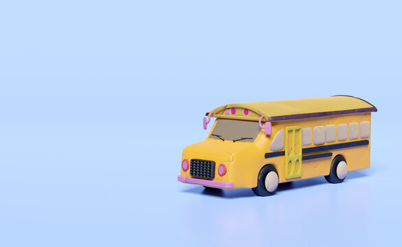 3d plasticine yellow school bus cartoon sign icon, vehicle for transporting students clay isolated on blue background. back to school, 3d render illustration, clipping path