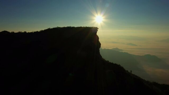 Drone view of sunrise and fog at Phu Chee Fah, Chiang Rai, Thailand.