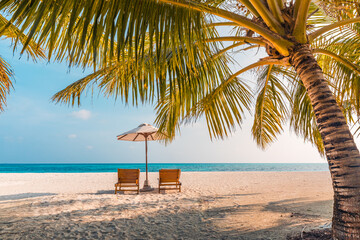 Amazing beach. Chairs on the sandy beach sea. Luxury summer holiday and vacation resort hotel for tourism. Inspirational tropical landscape. Tranquil scenery, relax beach, beautiful landscape design
