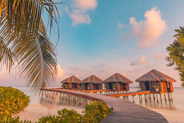 Amazing beach landscape. Beautiful Maldives sunset seascape view. Horizon colorful sea sky clouds,...