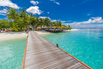 Best summer travel. Maldives islands, tropical paradise coast, palm trees, sandy beach with wooden pier bridge. Exotic vacation destination scenic, beach background. Amazing sunny sky sea, fantastic