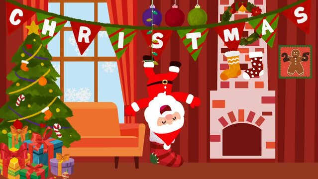 Merry Christmas greeting card animation, Merry Christmas animated background. Relax klaus decorate the living room happily.