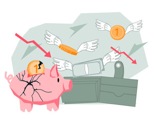 Bankruptcy, financial crisis and high inflation concept with broken piggy bank and empty wallet, flat vector illustration isolated. Loosing savings and money, finance crash symbol.
