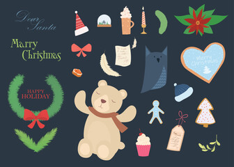 Narrowly focused Christmas theme for the new year and holidays. Big design set of vector themed art for stickers, web, decor, print, advertising, people.