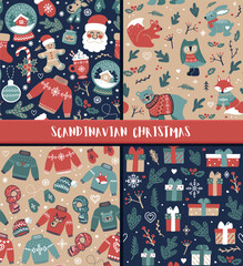 Christmas seamless backgrounds with ugly sweaters, santa, snow globe, deer, ginger man, candles, mittens and candy