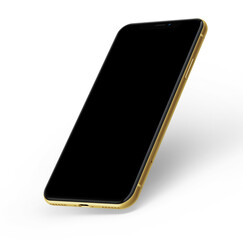 Black empty screen yellow mobile phone on white background