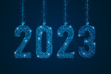 Abstract isolated blue image of new year number 2023. Polygonal low poly wireframe illustration looks like stars in the blask night sky in spase or flying glass shards. Digital web, internet design. © Katsiaryna