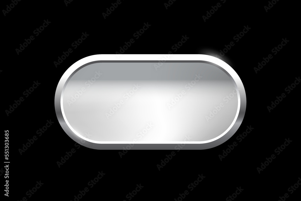 Poster silver ellipse shape button with frame vector illustration. 3d steel glossy elegant design for empty
