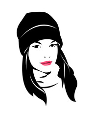 portrait of a beautiful woman face wearing a beanie hat. smile. red lips. vector graphic. isolated on white background