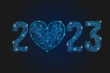 Abstract isolated blue image of new year number 2023. Polygonal low poly wireframe illustration looks like stars in the blask night sky in spase or flying glass shards. Digital web, internet design. © Katsiaryna
