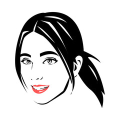 portrait of a beautiful woman's face. ponytail hairstyle. smile. red lips. silhouette logo vector. black and white. isolated white background. - obrazy, fototapety, plakaty