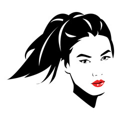 portrait of beautiful woman with ponytail hair. hair in the wind. silhouette vector. isolated white background.