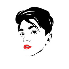 portrait of beautiful woman with short hair. red lips. silhouette vector. isolated white background.