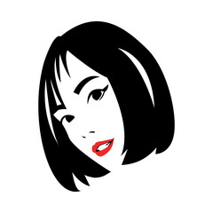 portrait of beautiful woman with short hair. red lips. smile. silhouette vector. isolated white background.