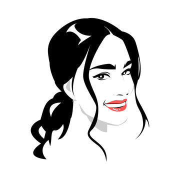 portrait of beautiful woman with wavy ponytail hair. smile. red lips. silhouette logo vector. black and white. isolated white background.