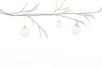 transparent glossy glass christmas baubles hanging from christmastree  twig branch isolated 3D Rendering 
