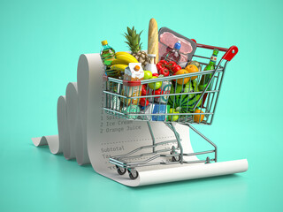 Shopping cart with foods on receipt. Grocery expenses budget, inflation and consumerism concept.