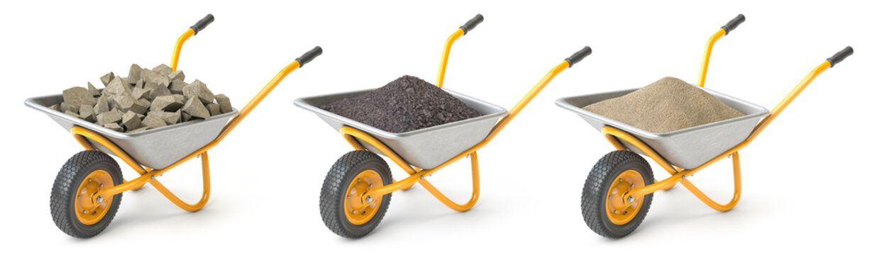 Set of wheelbarrow full of construction and agriculture materials such as humus, stone and sand isolated on  white.