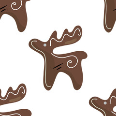 New Year's seamless pattern. Tin soldier, Christmas decorations, gifts in beautiful packaging, candy, gingerbread, reindeer, Santa hat. New Year's holiday. Happy New Year and Merry Christmas.